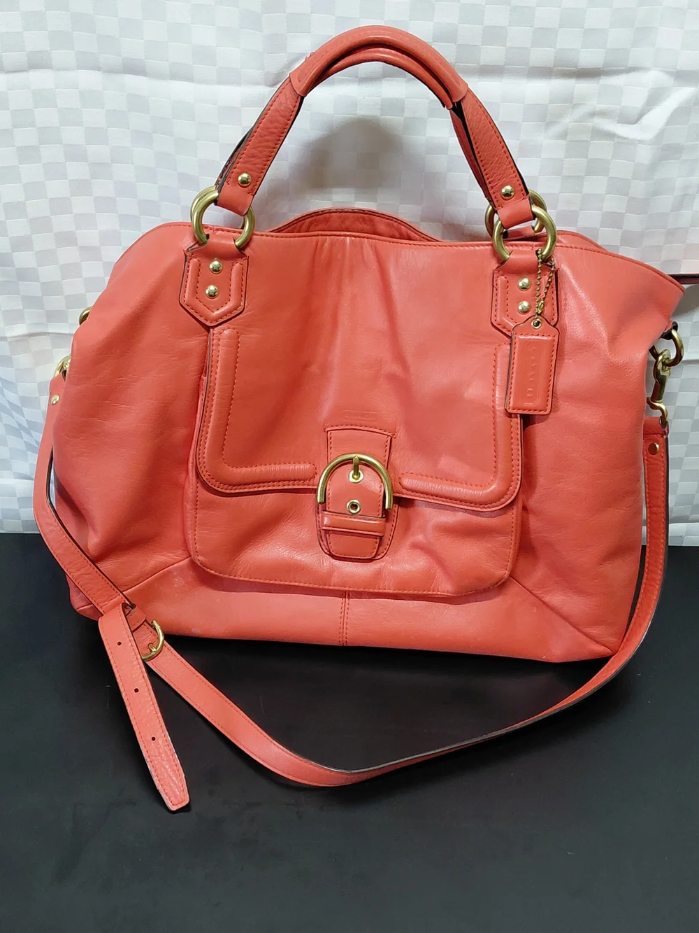 Coach Coral Leather Shoulder Tote with Front Buckle Color Salmon.